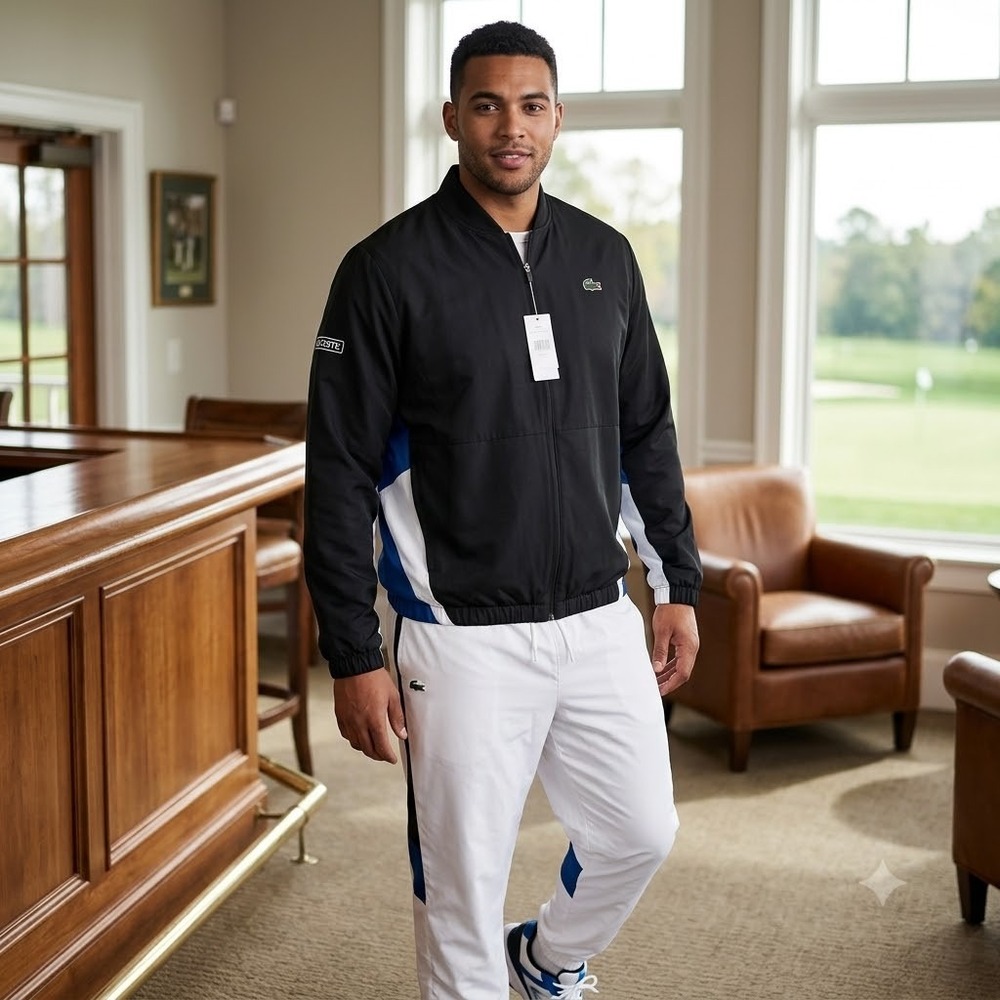 Lacoste‎ Sport Mens Tracksuit Set Black White Blue XXL Full Zip Jacket Pants NWT